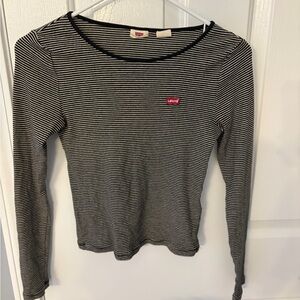 Levi's Black & White Striped Long Sleeve Crew Tee with Red Logo